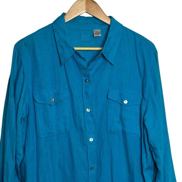 Chico's Size 2 (12-14) Turquoise 100% Linen Button Up Blouse Lino For - Picture 2 of 7